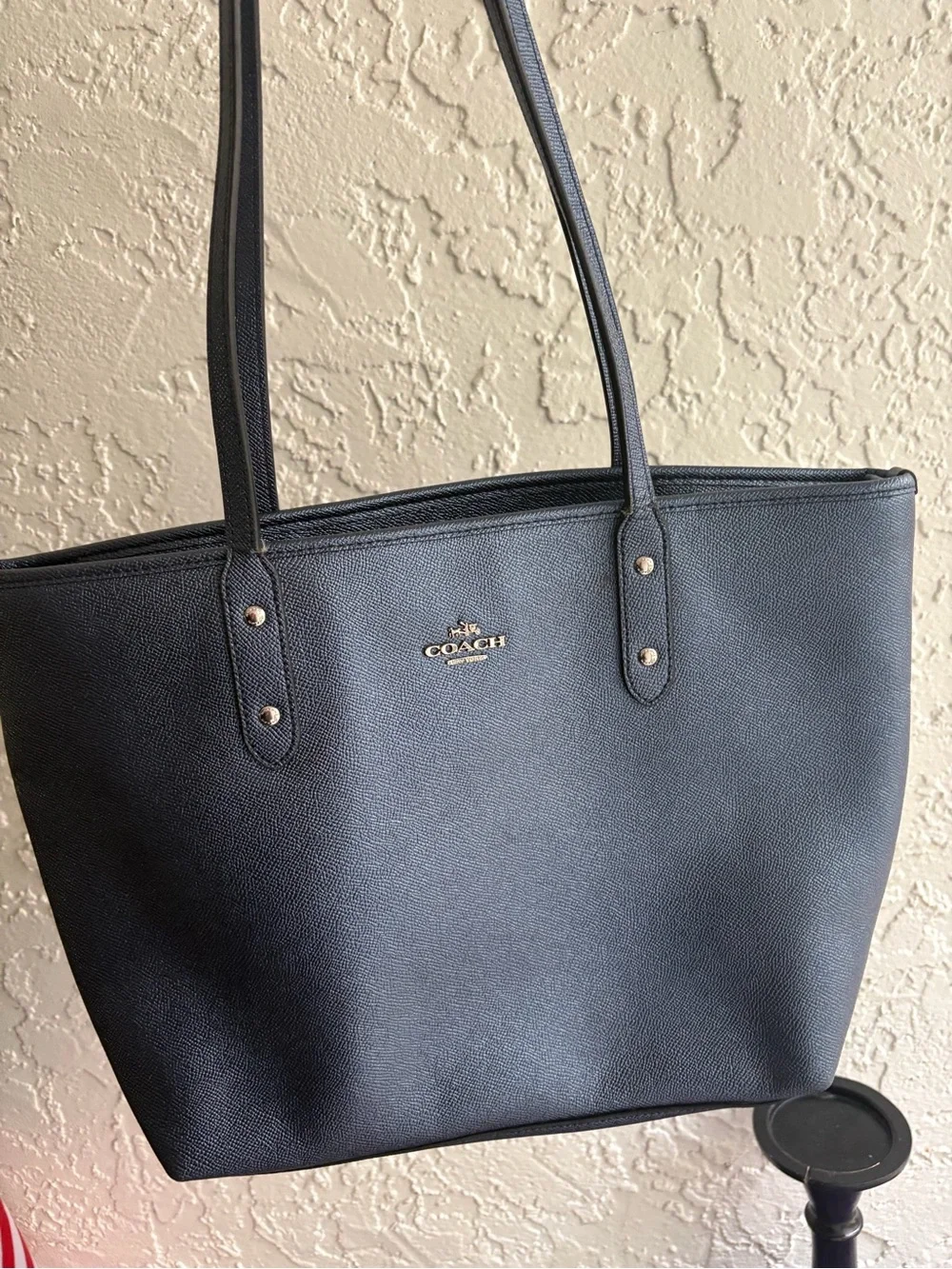 Coach navy blue/denim/metallic Leather Tote with silver logo Accent